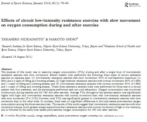 Effects of circuit low-intensity resistance exercise with slow movement on oxygen consumption during and after exercise
