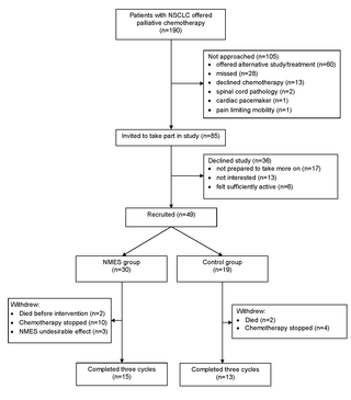 Estimulación eléctrica neuromuscular de los cuádriceps en pacientes con cáncer de pulmón de células no pequeñas que reciben quimioterapia paliativa: un estudio aleatorizado de fase II